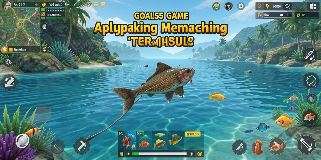 Screenshot utama menunjukkan pemain yang sedang memancing di danau yang indah.