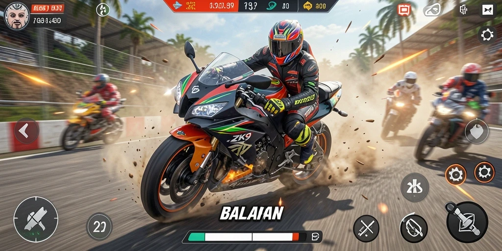 Tampilan gameplay seru di ZK9 dengan motor balap yang cepat.